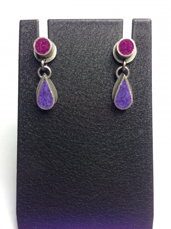 Tiny Dot Post Earrings with Dangling Tear Drops- Grape/Raspberry